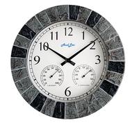 AudLee 35cm Indoor/Outdoor Faux Slate Wall Clock with Thermometer & Hygrometer - Waterproof, Battery Operated, Silent Sweep Movement - for Patio, Home, or Garden (Light Grey/Black Frame)