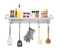 Audmore Kitchen Utensil Rack, Spice Rack with Hooks Wall Mount, Over the Stove Shelf, Stainless Steel, Hanging Storage Wall Shelf for Spatula Spoon, Seasoning Jar Organizer