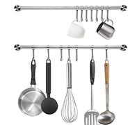 Audmore Pots and Pans Hanging Rack Wall Mounted, 15.6 Inch 304 Stainless Steel Lid Utensil Hanger Kitchen Rail for Hanging Measuring Spoons Coffee Mug Cups Tags Coats Towels Robe with 7 Sliding Hooks