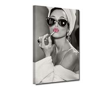 Audrey Hepburn Canvas Artwork Vintage Pink Lipstick Makeup Wall Art Black and White Cute Lips Art Print Modern Home Wall Decor for Living Room Bedroom, Framed Ready to Hang (Print-1, 24"x36")