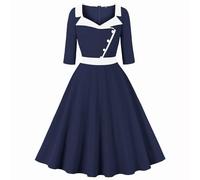 Audrey Hepburn Dresses Women 1950s Vintage Rockabilly Tea Dress A Line Swing Cocktail Party Dress Half Sleeve Retro Dresses Swing Flowy Button Square Neck Pleated Dance Gown Navy