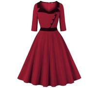 Audrey Hepburn Dresses Women 1950s Vintage Rockabilly Tea Dress A Line Swing Cocktail Party Dress Half Sleeve Retro Dresses Swing Flowy Button Square Neck Pleated Dance Gown Sale Clearance Wine