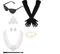 Audrey Hepburn Inspired Costume Jewelry 7-Piece Set | Pearl Necklace, Tiara, Black Gloves, Crystal Earring, Sunglasses, Fake Cigarette Holder & Gold Armlet | Breakfast at Tiffany’s Vintage Accessories