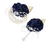 AUEAR, 2 Pack Dark Blue Rose Wrist Corsage Boutonniere Sets for Women Men Wedding Anniversary