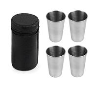 AUEAR, 4 Pack 3 Ounce Stainless Steel Shot Cups Metal Glasses Drinking Vessel Tumbler Barware with Leather Carry Cases for Home Bar Party Restaurant