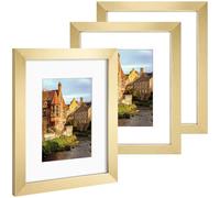 AUEAR, 8x10 Picture Frames Set of 3, with Mat for 5x7 or 8x10 without Mat, Engineered Wood Photo Frames with Plexiglass, for Wall or Tabletop Display (Gold)