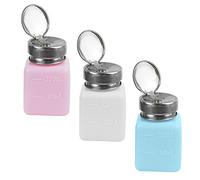 AUEAR, Push Down Alcohol Dispenser Pump, Methanol Container, Nail Polish Lip Eye Makeup Remover Square Plastic Liquid Press Bottles for Home Travel (White+Blue+Pink, 3-Pack, 120 ml)