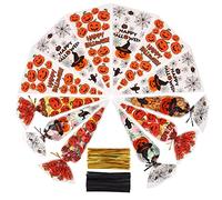 AUERVO 100Pcs Halloween Cone Bags, Pumpkin and Spider Web Treat Bags With Gold and Black Twist Ties for Party Favor Snacks Candy Kids Gift