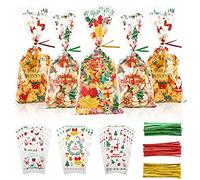 AUERVO 120Pcs Christmas Cellophane Treat Bags, Santa Claus Bells Elk Pattern Party Bags With Red Green Gold Twist Ties for XMAS Party Supplies Decorations