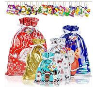 AUERVO 15-Piece Christmas Drawstring Gift Bags with Tags, 5 Designs, 4 Sizes - X-Large, Large, Medium, Small - Holiday Present Goody Bags for Xmas Party