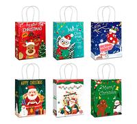 AUERVO 24 PCS Xmas Kraft Party Bags with Handles, 6 Christmas Elements Themed Design for Christmas Party Decorations