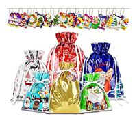 AUERVO 30pc Christmas Drawstring Gift Bags with Tags, 6 Designs, 4 Sizes - X-Large, Large, Medium, Small - Holiday Present Goody Bags for Xmas Party