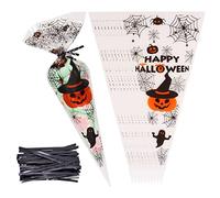 AUERVO 50Pcs Halloween Cone Bags, Spider Web Treat Cello Cone Bags with Black Twist Ties Sweet Cone Bags for Halloween Party Favor Snacks Candy Kids Gift