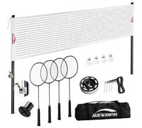 AUEWXNFYH Professional Badminton Set for Backyard: Width-Adjustable Net (20/16/13ft) with Stainless Steel Winch, 1.26" Aluminum Poles, 4 Carbon Composite Rackets (28lbs), Boundary Line & Carry Bag