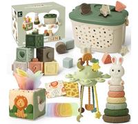 Auezona 5 in 1 Montessori Baby Toys for 6-12 Months - Stacking Toys, Shape Sorter, Baby Tissue Box, Sensory & Early Development Toy | Gift for 6+ Month Old Babies