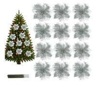 AuFiiy Christmas Tree Flowers - 12pcs Christmas Glitter Poinsettia Decorations, Wreath, Garland & Party Decor, with 12 Clips Included
