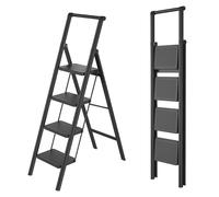 Aufun Step Ladder, 4 Steps, Folding Ladder with Wide Non-Slip Pedal, with Handrail, Household Ladder, Multifunctional Step Stool up to 270 kg, Step Ladder for Home, Office, Black