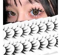 AUGENLI Lashes Manga Eyelashes Daily Cat Eye Lashes Spiky Eyelash Wispy Natural Look False Eyelashes C Curl Manhua Lash with Thin Cotton Band 10 Pairs Pack (A2)