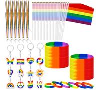 Augenstern 60 Pcs Pride Accessories Gifts Set LGBT Gay Prides Keychains Rainbow Gays Prides Silicone Bracelets LGBT Flags Lanyards for Pride Day Month Parades Decorations Party Giveaways