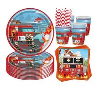 Augesak Pack of 50 Fire Engine Party Tableware for 10 Guests, Decorative Birthday Tableware, Firefighter Birthday Decoration, Fire Engine Paper Plates, Cups, Napkins for Children's Birthday Decoration
