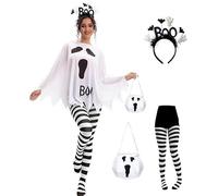 Auggle Women's Ghost Halloween Costume Set, White and Black, Ghost Poncho, Striped Tights, Candy Bag, Headband, 4 Piece