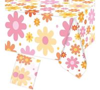 Augisteen Groovy Daisy Tablecloth Plastic Boho Flowers Table Covers Retro Hippies Flower Disposable Rectangle Tablecloths for 70s Boho Birthday Baby Shower Wedding Party 54 x 108 Inch, 2 PCS