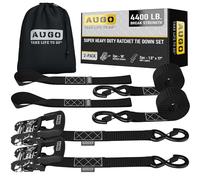 AUGO Ratchet Tie Down Straps 4 PK, 15 FT, 2,200 LB Break Strength, Safety Lock S Hooks for Cargo & Motorcycles, Includes Bungee Cords, Soft Loops & Storage Bag, Black, 2 Pack - 2000 KG