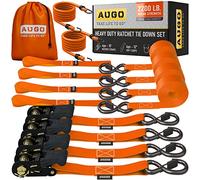 AUGO Ratchet Tie Down Straps -4 PK- 15 FT - 2,200 LB Break Strength - Safety Lock S Hooks -for Moving Cargo, Appliances, Lawn Equipment, Motorcycle - Includes 2 Bungee Cords, 4 Soft Loops, Storage Bag