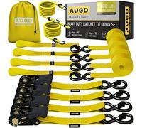 AUGO Ratchet Tie Down Straps -4 PK- 15 FT - 2,200 LB Break Strength - Safety Lock S Hooks -for Moving Cargo, Appliances, Lawn Equipment, Motorcycle - Includes 2 Bungee Cords, 4 Soft Loops, Storage Bag