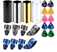 Augshy 4 Pieces Medium Guitar Slides for Acoustic,Stainless Stell Guitar Slides for Electric,Glass Guitar Slide and 8 Pieces Plastic Thumb & Finger Picks Guitar Accessories