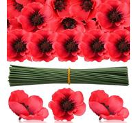 Augshy 75 Pieces Red Artificial Poppy Flowers, Fake Poppies Head Fake Wildflowers with 6 Inch Flower Branch for Remembrance Veterans Day Wedding Corsages Home Kitchen Decoration