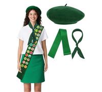 AUGSUN 26 Pcs Scout Costume Set, Green Beret Hat Satin Sash Square Scarf and Morale Badge Pins for Women Halloween Camping Party Outfit