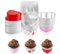 AUGSUN Valentine's Day Baking Cups with Lids, Heart Cake Pan Set, Heart Cake Pan Set Reusable Aluminum Foil Molds for Cupcakes and Cookies Valentine's Day Desserts