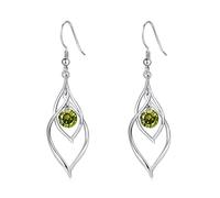 August Birthstone Dangle Drop Earrings - Qings 925 Sterling Silver Peridot Earrings Linear Swirl French Wire Olives Gem Piercing Light Green CZ Earring, Pretty Jewelry Birthday Gift for Women Girls