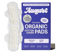 August Organic Pads for Women, 72ct Regular & Super Organic Pads with Wings | Ultra thin pads w/ 100% organic cotton topsheet. Hypoallergenic, non-toxic, fragrance free, comfortable organic pads.