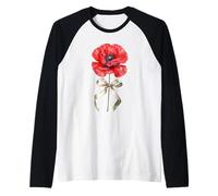 August Poppy Flower Watercolor Botanical Art Raglan Baseball Tee