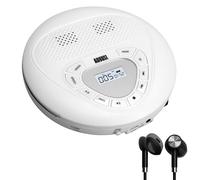 August SE10W Portable Rechargeable CD Player for Home, Car & Travel - Personal Discman MP3 Music Player with Earphones, LCD Display, EQ & Anti-Shock, Disc/Micro SD Support, 15H Playback - White