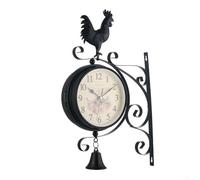 AugustknowU Wrought Iron Antique-Look Brown Round Wall Hanging Double Sided Two Faces Retro Station Clock, Stylish Double Sided Clock For Living Room Unique Design And Quiet Timekeeping Feature