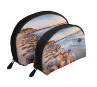 AUGUSTRUSH 2 PCS Small Cosmetic Bag for Purse, Beach Sunset Sea, Portable Shell Mother-Daughter Organizer Bag for Travel & Daily Use, Clutch Wallet, Large Capacity Compact Makeup Bag for Women