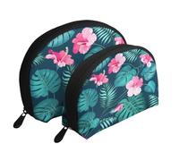 AUGUSTRUSH 2 PCS Small Cosmetic Bag for Purse, Hawaii Pink Flower, Portable Shell Mother-Daughter Organizer Bag for Travel & Daily Use, Clutch Wallet, Large Capacity Compact Makeup Bag for Women