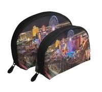 AUGUSTRUSH 2 PCS Small Cosmetic Bag for Purse, Las Vegas Night View, Portable Shell Mother-Daughter Organizer Bag for Travel & Daily Use, Clutch Wallet, Large Capacity Compact Makeup Bag for Women