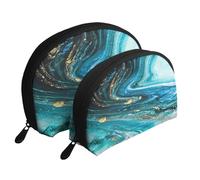 AUGUSTRUSH 2 PCS Small Cosmetic Bag for Purse, Stone Blue Gold Marble, Portable Shell Mother-Daughter Organizer Bag for Travel & Daily Use, Clutch Wallet, Large Capacity Compact Makeup Bag for Women