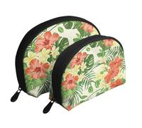 AUGUSTRUSH 2 PCS Small Cosmetic Bag for Purse, Tropical Leaves, Portable Shell Mother-Daughter Organizer Bag for Travel & Daily Use, Clutch Wallet, Large Capacity Compact Makeup Bag for Women