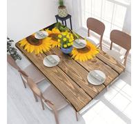AUGUSTRUSH 4ft Elastic Edged Table Cover Sunflowers Wooden Fitted Tablecloth For Rectangle Table, Waterproof Wipeable Table Cloth For Indoor Outdoor Dinning Room Parties And Picnics 122x76 Cm
