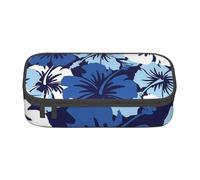 AUGUSTRUSH Big Capacity Pencil Case for Teen Girls Boys, Blue Hibiscus Large Pen Box Bag 3 Compartments Canvas Pencil Pouch for School Students Stationery Accessory with Zipper