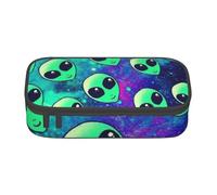 AUGUSTRUSH Big Capacity Pencil Case for Teen Girls Boys, Green Aliens Large Pen Box Bag 3 Compartments Canvas Pencil Pouch for School Students Stationery Accessory with Zipper