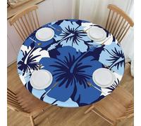 AUGUSTRUSH Blue Hibiscus Print Tablecloth Elastic Edged Round Fitted Table Cover 48 Inch, Waterproof Wipeable Table Cloth for Indoor Outdoor Picnic Party (Fits up 40"-44" Diameter Tables)