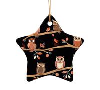 AUGUSTRUSH Ceramic Christmas Ornaments, Cute Brown Cartoon Owls,Double-Sided Tree Hanging Decor For Xmas Fireplace Party, Festive Holiday Decorative Keepsake Gift Set, Round & Heart Shape