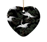 AUGUSTRUSH Ceramic Christmas Ornaments, Japanese Crane Pine,Double-Sided Tree Hanging Decor For Xmas Fireplace Party, Festive Holiday Decorative Keepsake Gift Set, Round & Heart Shape