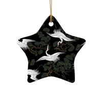 AUGUSTRUSH Ceramic Christmas Ornaments, Japanese Crane Pine,Double-Sided Tree Hanging Decor For Xmas Fireplace Party, Festive Holiday Decorative Keepsake Gift Set, Round & Heart Shape